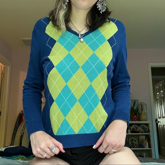 Vintage y2k Funky Preppy Blue & Green Argyle Sweater - Picture 2 of 5